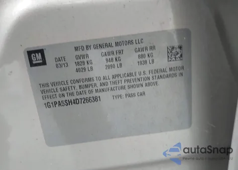 2013 Chevrolet Cruze Ls Auto из США, поврежденный, VIN 1G1PA5SH4D7266381